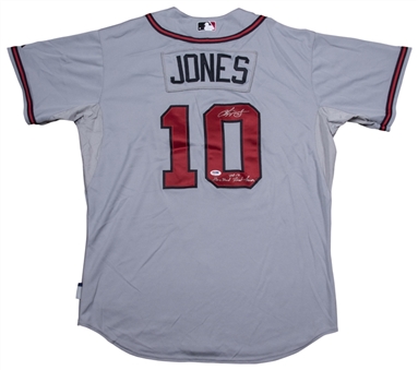 2012 Chipper Jones Game Used, Signed & Inscribed Atlanta Braves Road Jersey - Final Season (PSA/DNA)